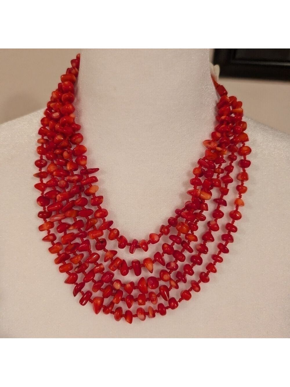 Vintage Handmade Coral Necklace,5 Strands , Unique Lock , About 17" Long.